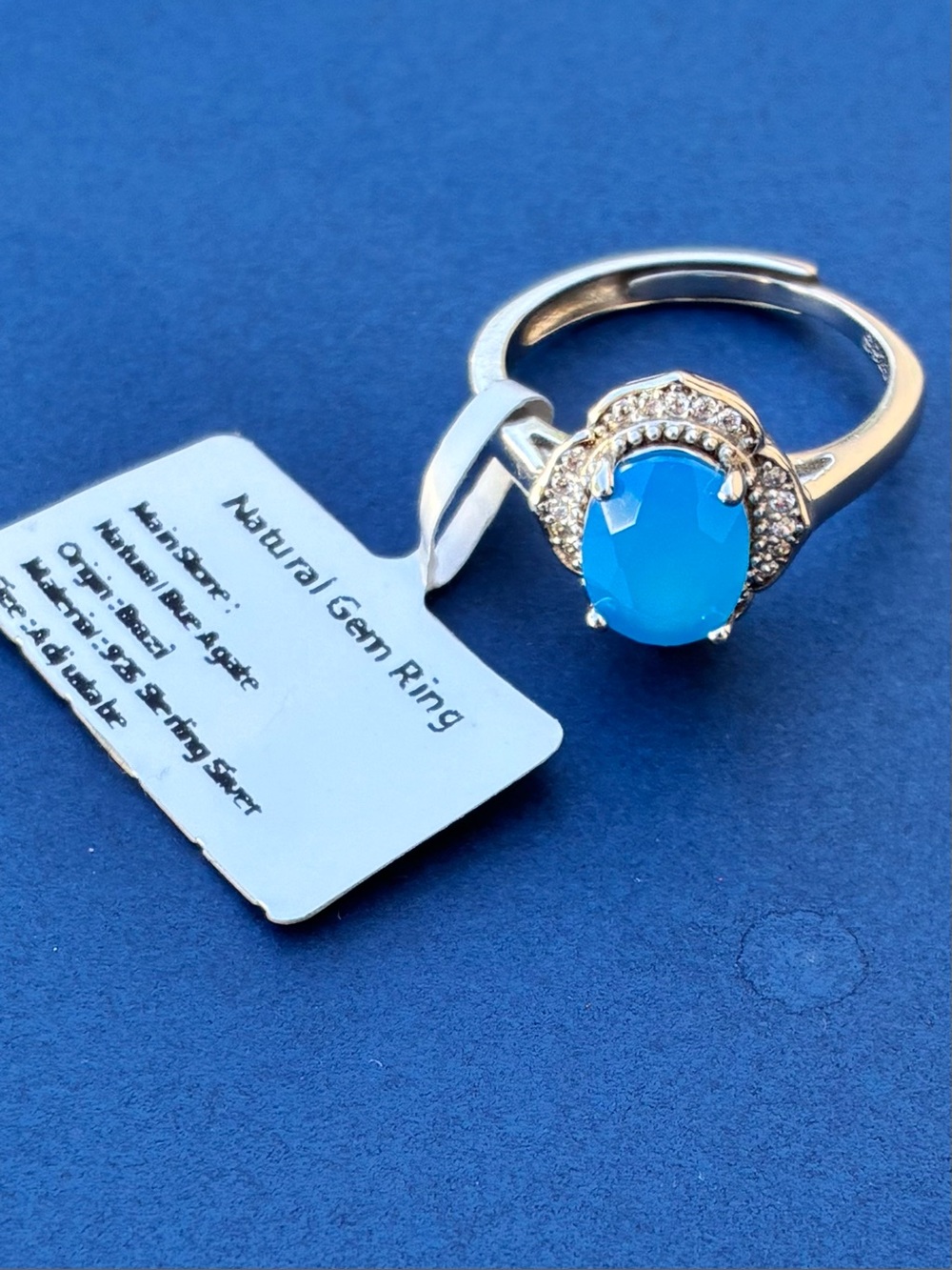 NWT Natural Gem Blue Agate 925 sterling  silver adjustable ring